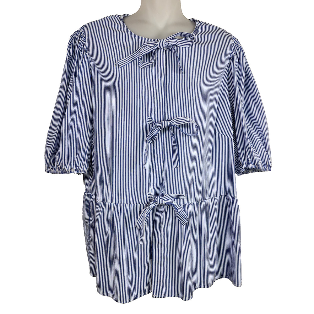 Pretty Garden Women’s Tie Front Elbow Puff Sleeve Peplum Top Size XL Blue Stripe